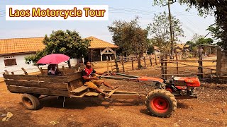Travel vlog - ใ4KใLaos Motorcycle Tour 10: Si Phan Don - Champasak ,Visit the original wood carving village.