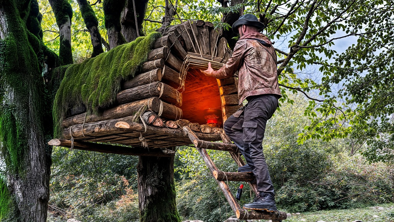 Hanging Treehouse Shelter – Built Only from Logs & Rope
