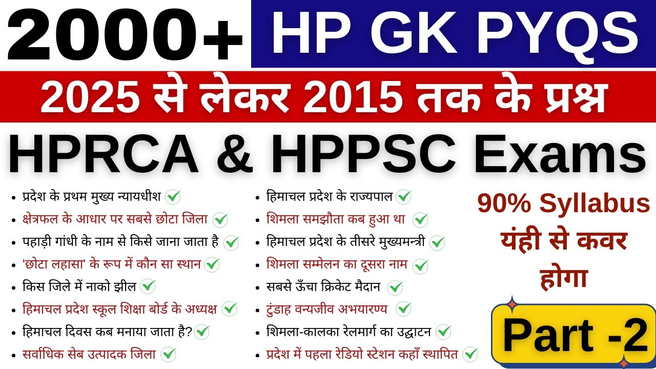 HP GK PYQs !! 2000 MCQs !! HPRCA & HPPSC Exams !! 90% यंही से आएगा !! Part -2 !!