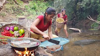 Adventure in forest: Catch big fish in river and Fish egg soup spicy delicious for food in jungle