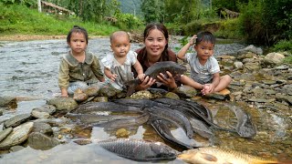 Catching a giant fish with my child amidst a storm to sell — Cooking porridge for my child to eat
