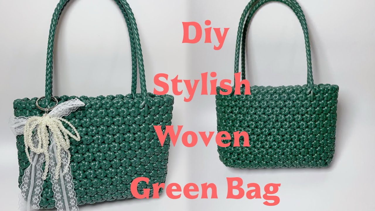  Forest Green Handmade Fashion Woven Tote. Plastic Wire Bag 