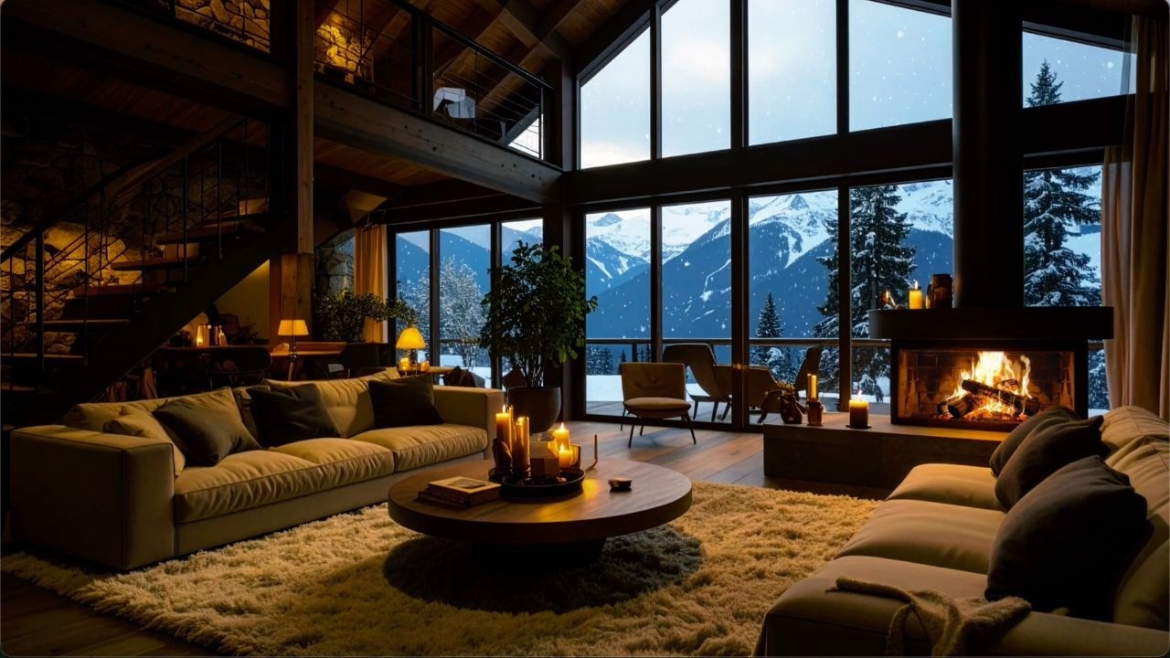 Cozy Snowy Cabin Fireplace Ambience with Relaxing Piano Jazz for Sleep, Study and Winter Nights