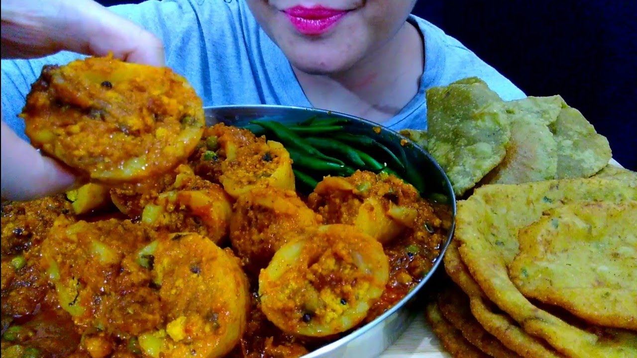 ASMR:Eating Dum Aloo+Aloo Puri+Matar Puri (Paneer Stuffed Dum Aloo with Puri) Spicy Food Eating Show
