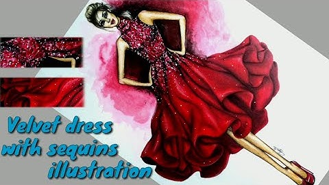Fashion illustration tutorial : rendering of sequin | red velvet dress with sequin |