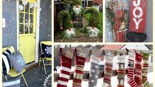 Winter outdoor decoration ideas for your porch: - JOY sign on Christmas porch - snowflake porch decor - snowman made from old 