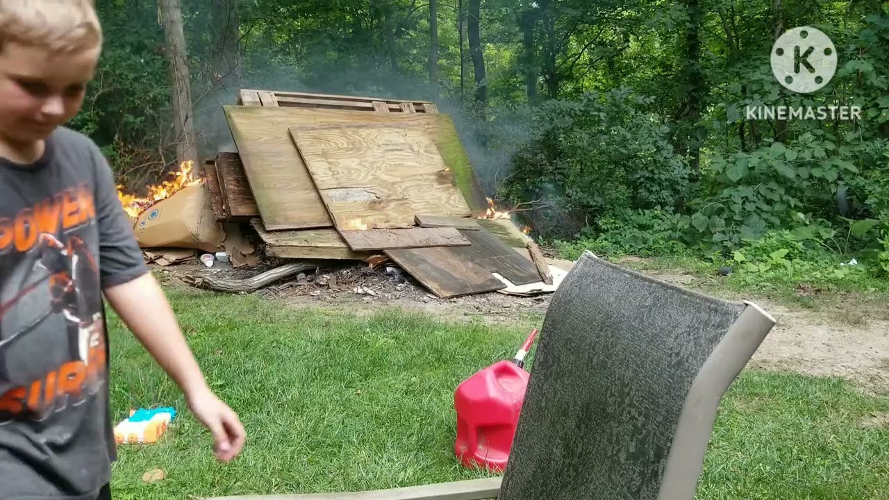 Big wood fire (Warning gas can nozzle fire)