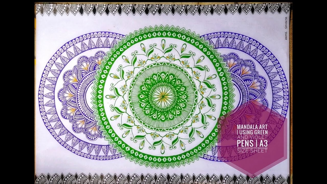 Mandala art | A3 size sheet | Using green and violet colour combination |