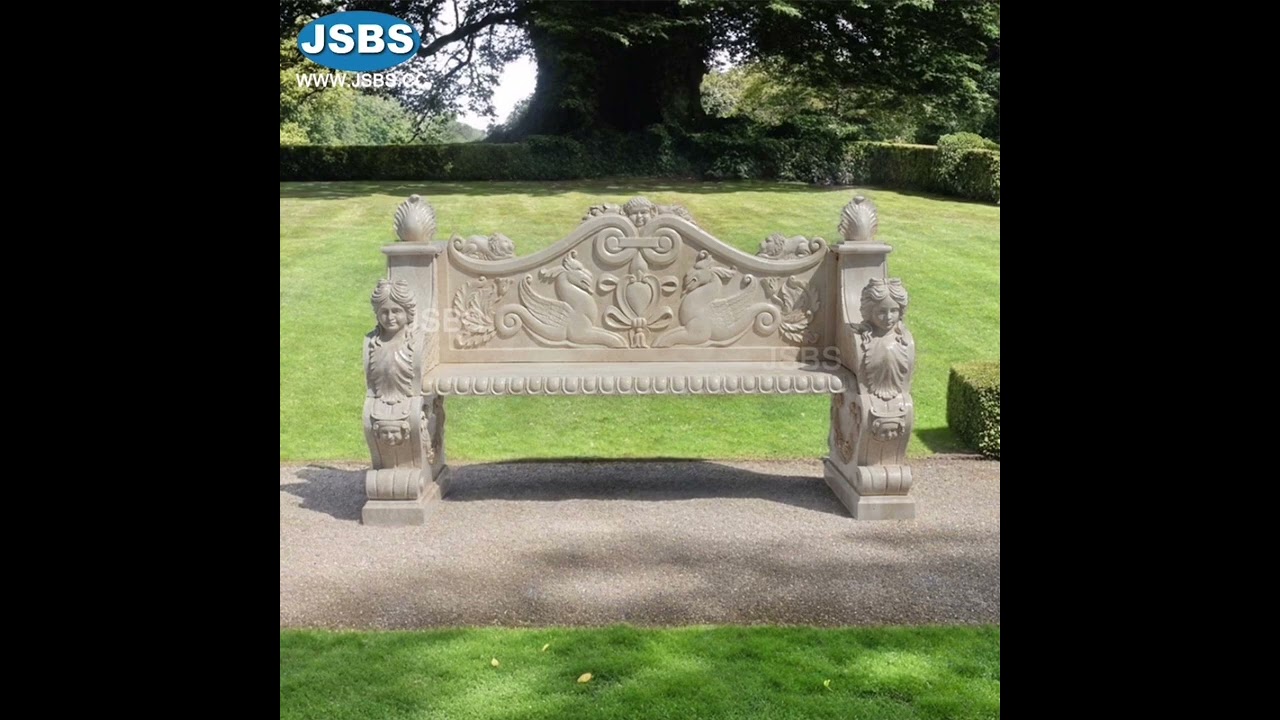 Beige marble garden bench with beauty head and back for any climate garden landscape