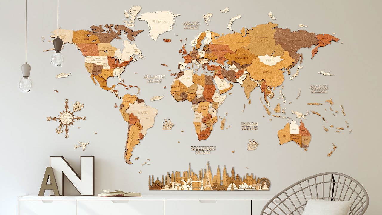 68travel Carte du monde en bois pour décoration murale - bois