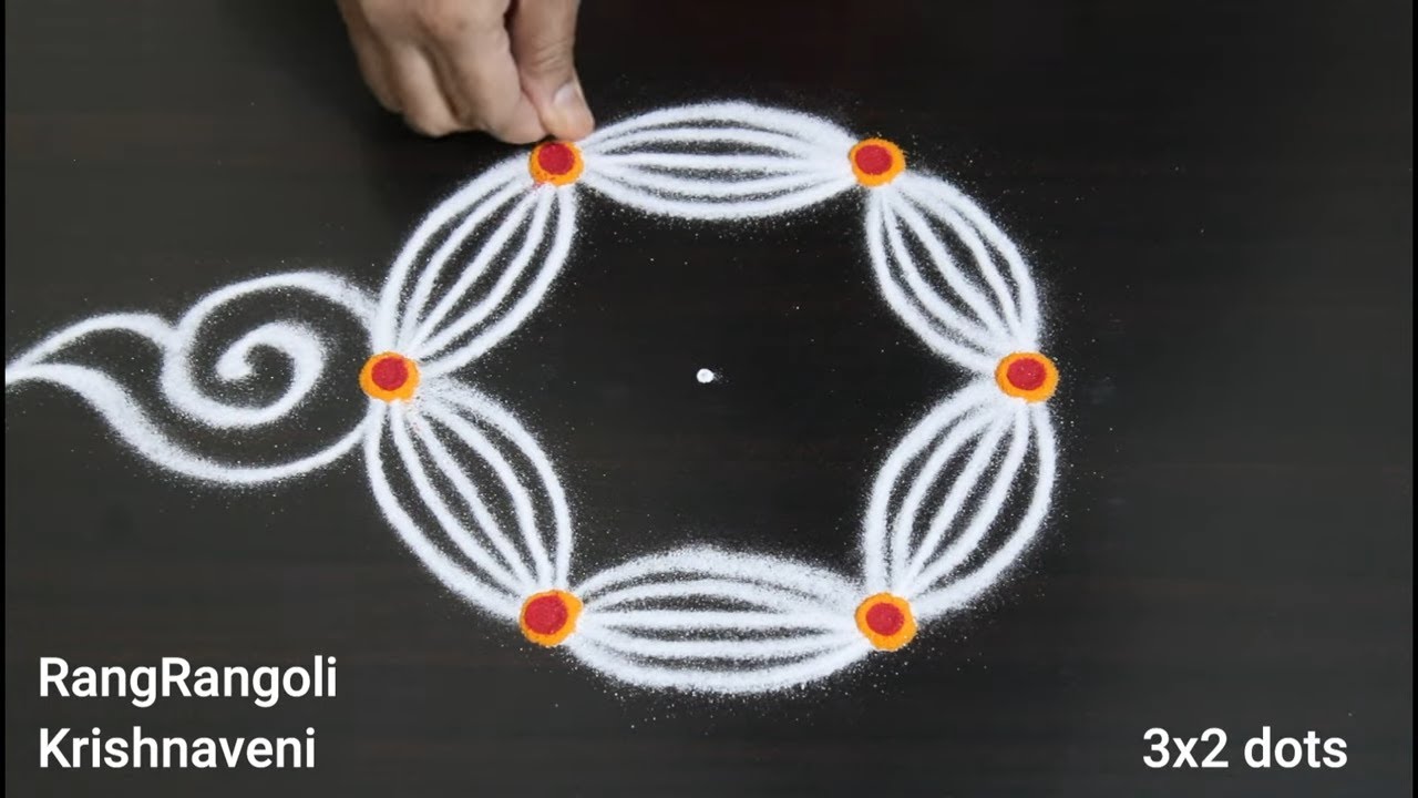 Simple Kolam for Daily use🌷3x2 dots Chinna Muggulu🌷Easy Rangoli🌷RangRangoli Krishnaveni