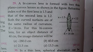 A biconvex lens is formed with 2 thin plano convex lenses as shown. RI of first lens is 1.5 and 