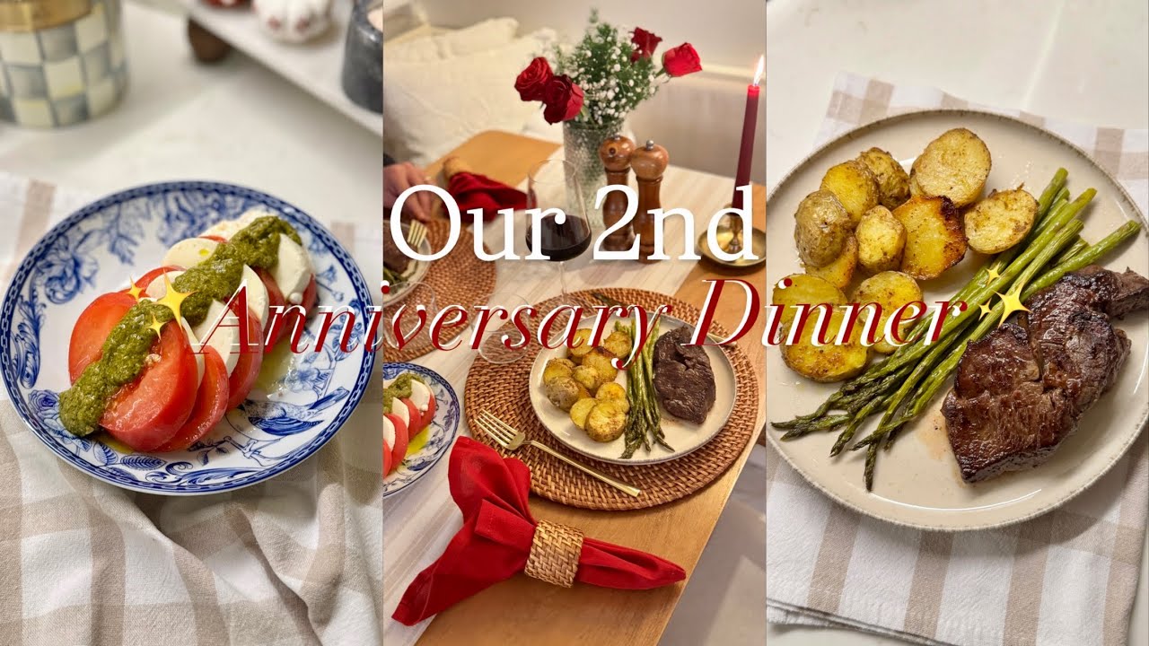 Cozy Anniversary Dinner at Home | Butter-seared Steak, Pesto mozarella salad, Tofu chocolate mousse
