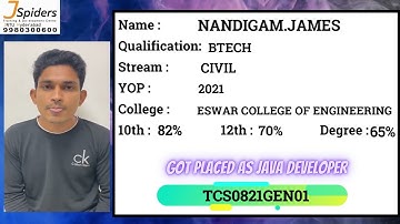 JSpiders JNTU! Congratulates N.James  for getting placed as Java developer