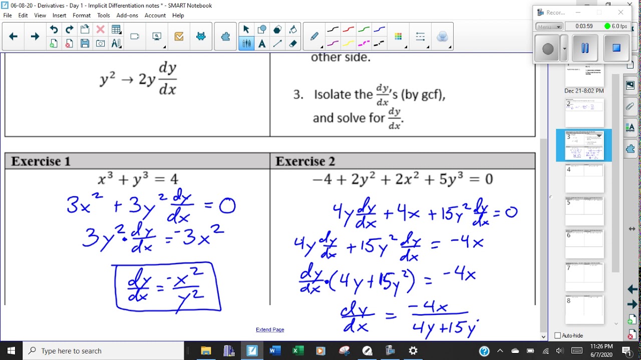 06 08 20 Derivatives Day 1 Implicit Differentiation video 1 - YouTube