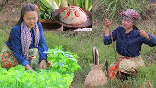 Trapping Fish then Cooking Khmer Tek Kreung (ទឹកគ្រឿង) Eating with Neem​ Leaves and Home Vegetables