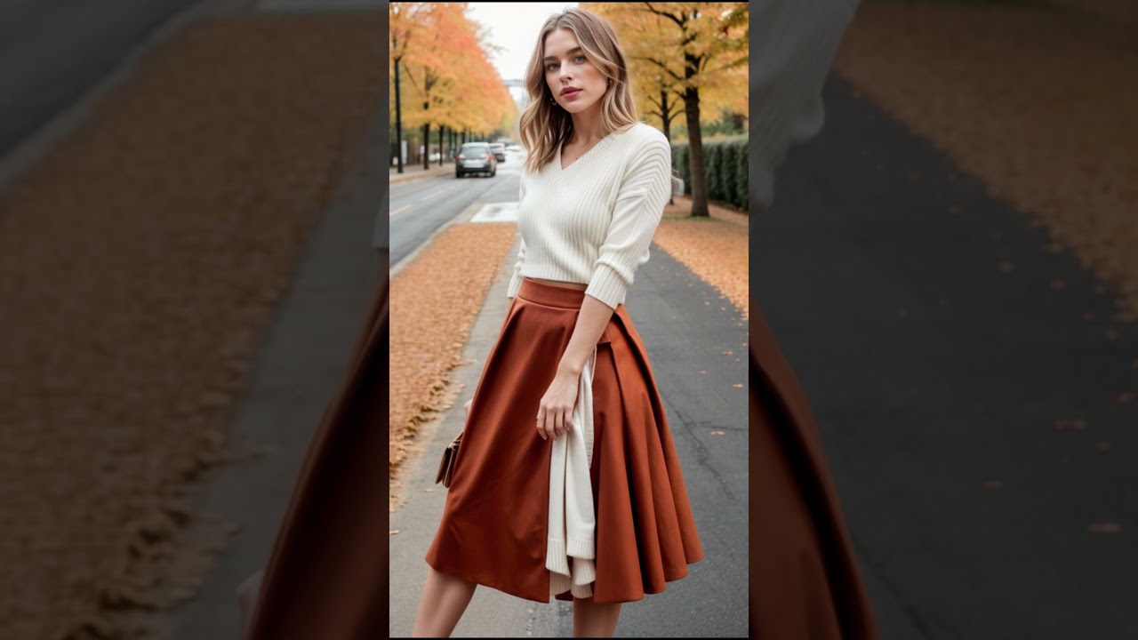 Rust Orange Midi Skirt with Fitted Cream Wrap Top  