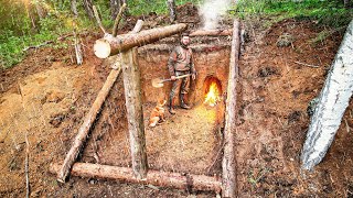 Dugout FROM SIX LOGS in the MOUNTAINS - PIT, FRAME, CLAY OVEN