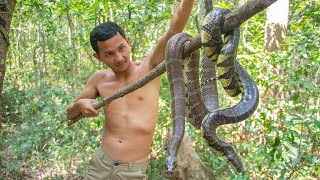 Wow! Catching two big snake &amp; Cooking Snakes Soup With Bamboo