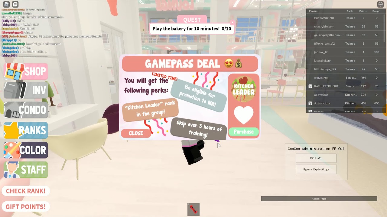 Fe Bypass Script Exploit Test Kill All In Pastriez Bakery Cafe Youtube - roblox exploiting 1 killing everyone in bakiez bakery by