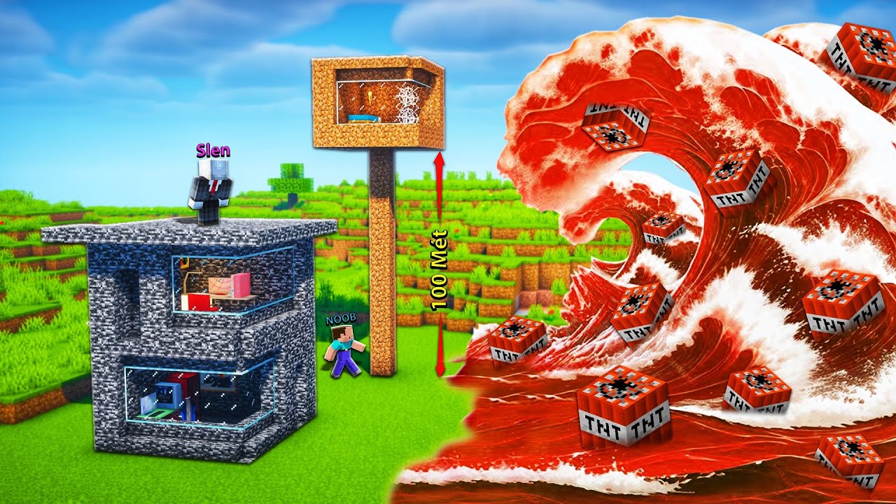 SLENDERMAN XÂY NHÀ BEDROCK VÀ EM TRAI NOOB XÂY NHÀ ĐẤT CAO 1000 MÉT CHỐNG SÓNG THẦN TNT TRONG MCPE