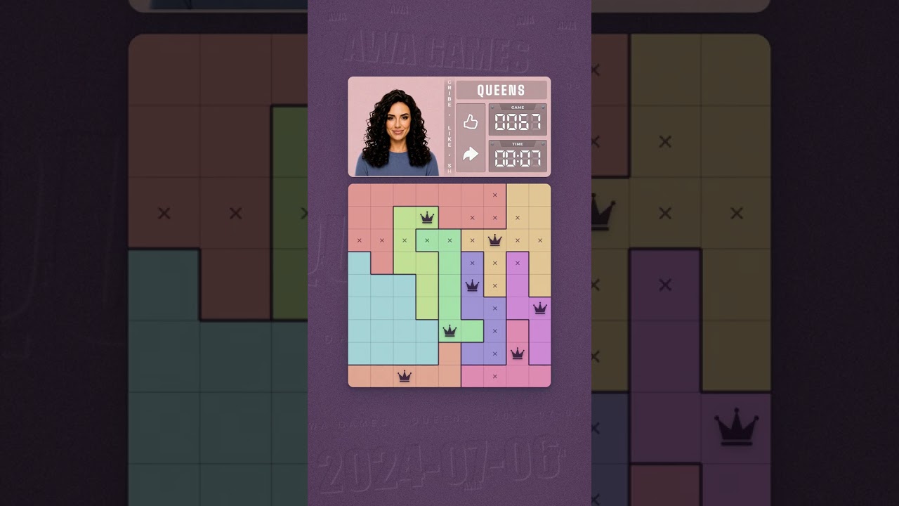 LinkedIn Queens #67 solved board for July 6, 2024, 9x9 grid