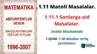 MATNLI MASALALAR | SONLARGA OID MASALALAR | SODDA MUSHOHADA | Mavlashtirilgan testlar to'plami.