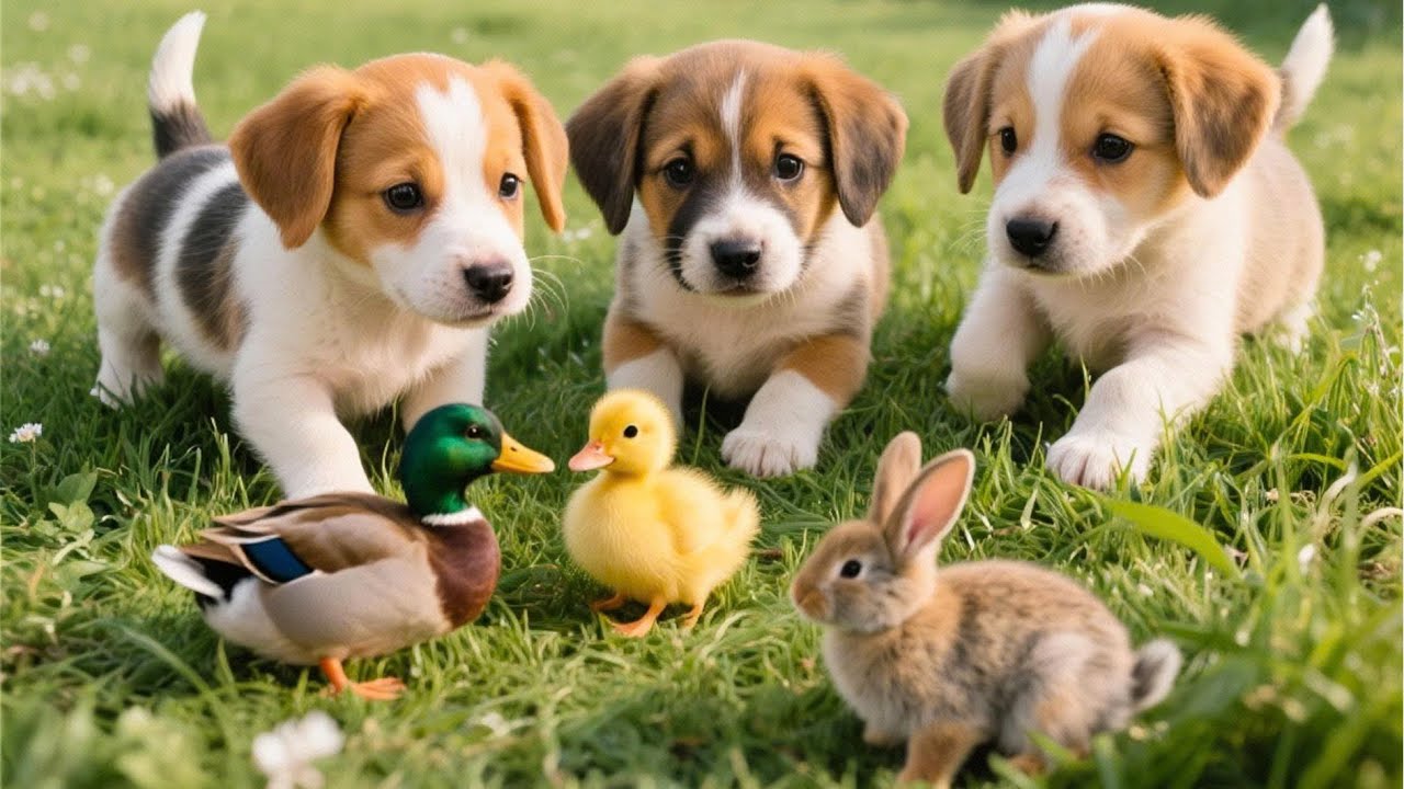 Cute puppies playing with rabbits and ducks in the meadow - Dog barking sounds - Dog videos