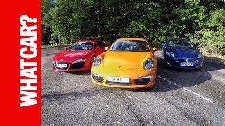 Porsche 911 vs Audi R8 vs Jaguar XKR supercar test - including drag race | What Car?