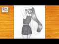 رسم سهل تعليم رسم بنت كيوت مع شعر طويل سهل بالرصاص خطوه بخطوه للمبتدئين بطريقة سهلة رسم بنات 