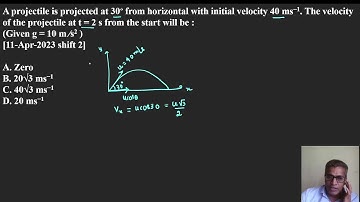 A projectile is projected at 30∘ from horizontal with initial velocity 40 ms−1  The velocity of the