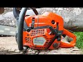 Husqvarna 585 86cc 69 hp  first start first cuts big wood test break in and more 