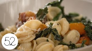 SheetPan Orecchiette With Guanciale, Butternut Squash & Tuscan Kale