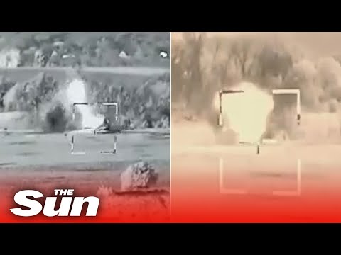 Moment Ukrainian ATGM takes out Russian armoured vehicles and personnel.