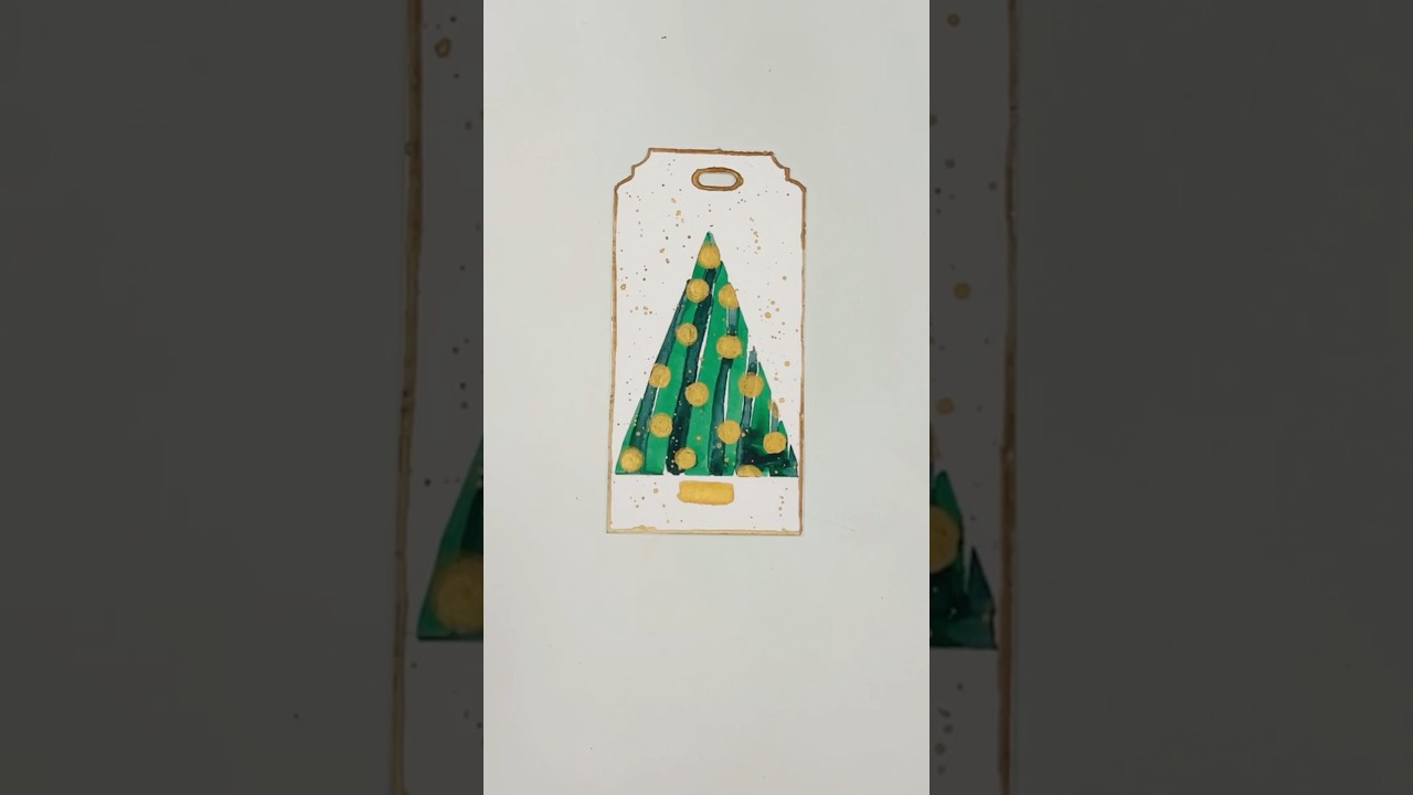 Add a gold border to an abstract Christmas tree watercolor art | Gift tag , bookmark, greeting card