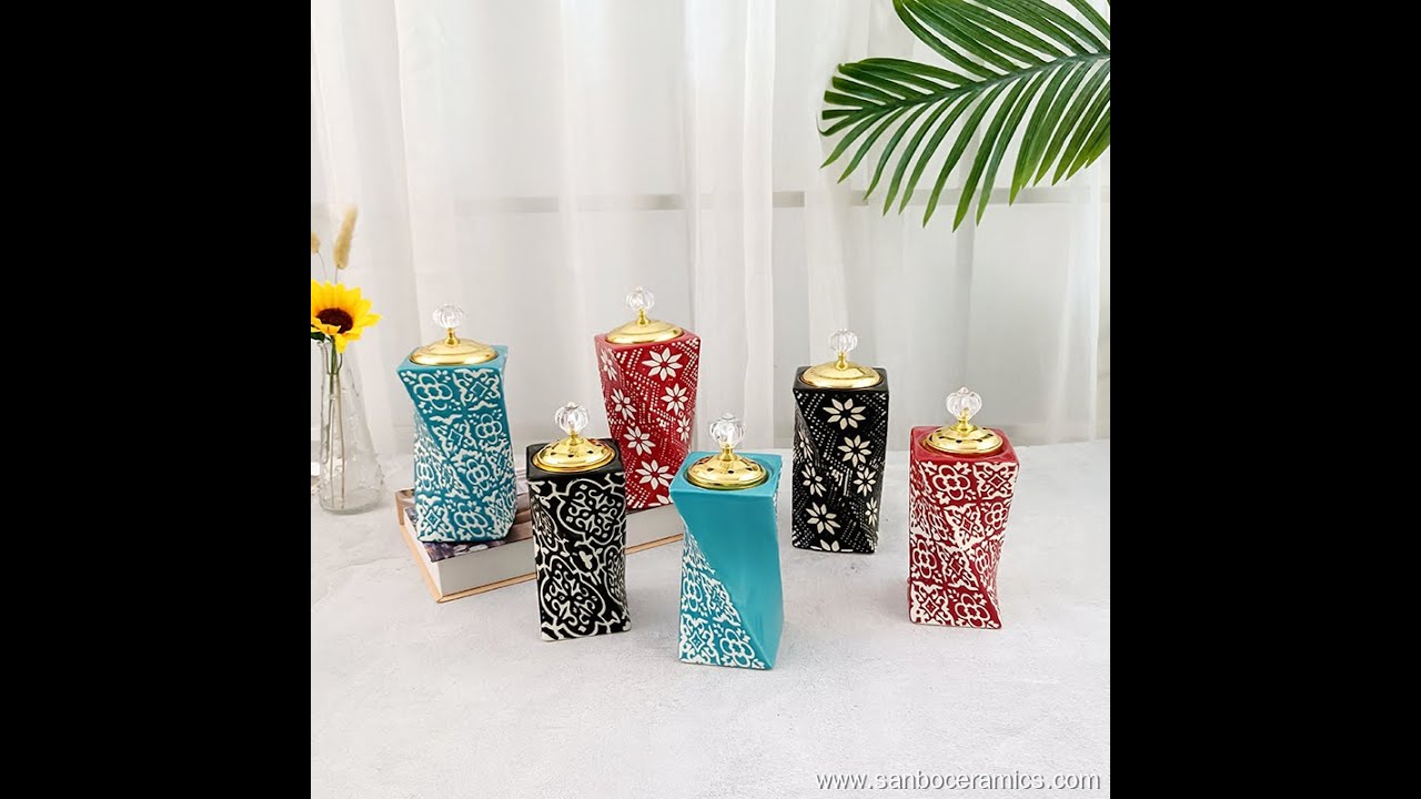 Color Glazed Ceramic Incense Burner Holder with Golden Metal Lid for Home Hotel Meditation