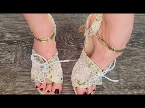 GOLD KITTEN HEEL STRAP BACK LACE DOWN SANDAL//WATCH MY FEET PLAY//ASMR