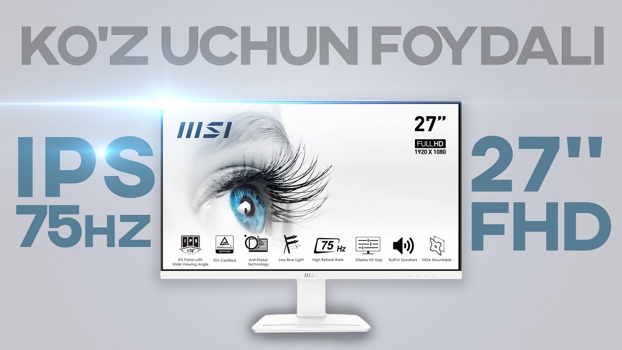 Ko'z uchun zarari kam monitor MSI PRO MP273 oq zborka uchun oq monitor video tahlil