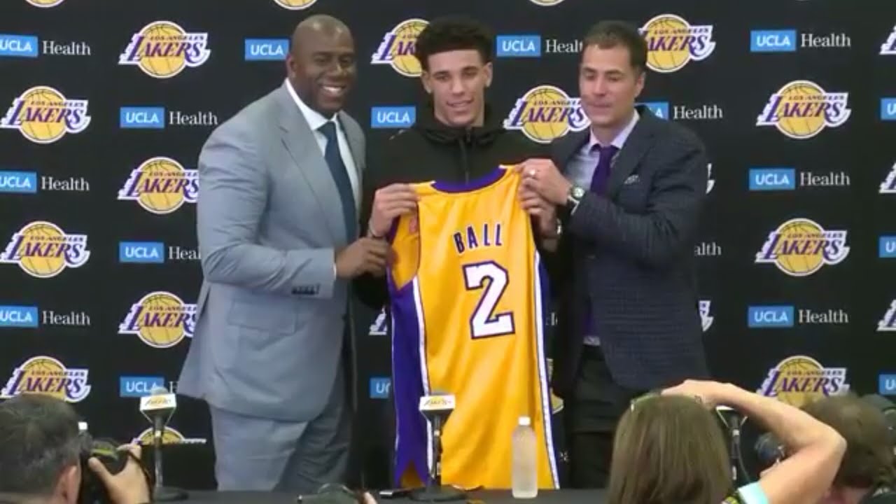 Magic Johnson welcomes Lonzo Ball to the LA Lakers Press Conference