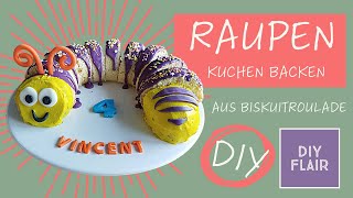 schneller Raupen Kuchen aus Biskuitroulade zum Kindergeburtstag / Motivtorte Raupe / caterpillar /