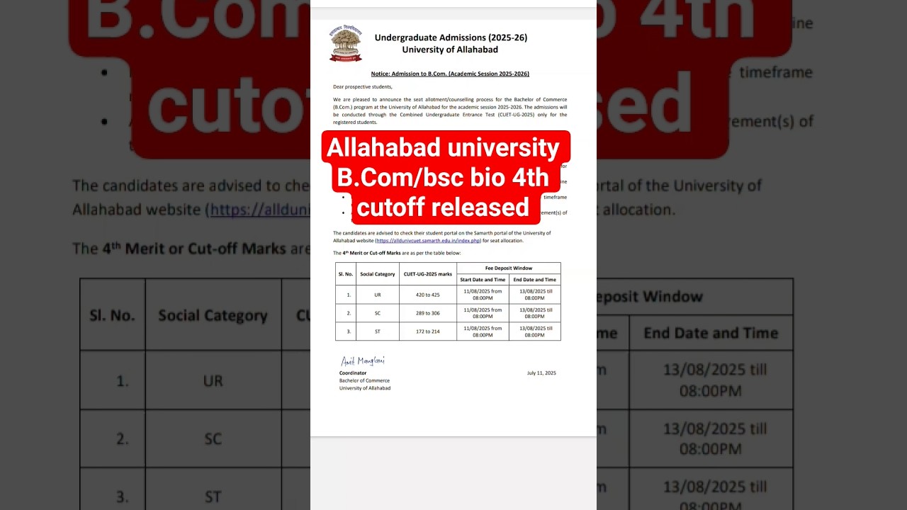 allahabad university B.Com /BSC bio 4th cutoff released cuet ug 2025