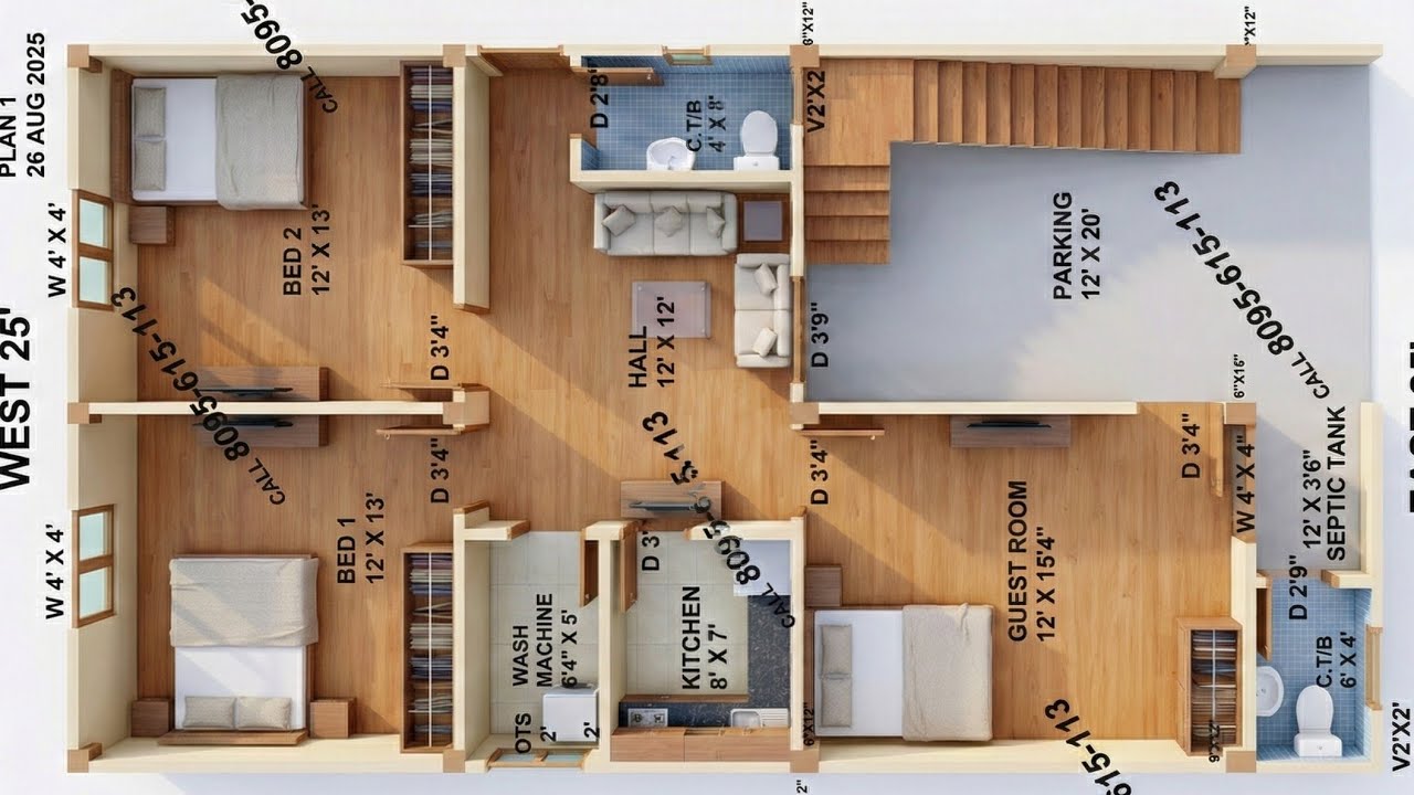 26 × 47 East Face 3 bedroom house plan map with 3d floor plan