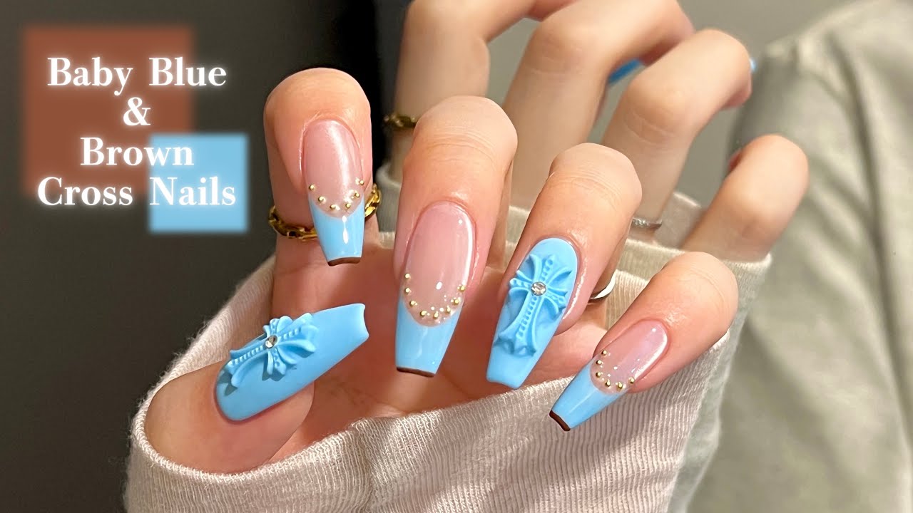 SUB)【Gel Nails】Trendy Color Combo🩵🤎 Baby Blue & Brown Cross