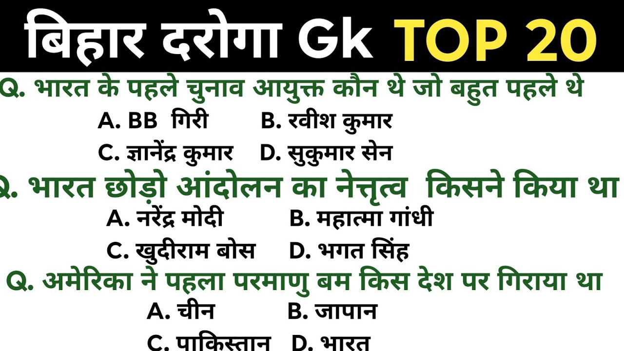 GK Question in Hindi | 20 Important GK MCQ | Static GK | Exam GK, Bihar daroga, बिहार पुलिस, Ssc GD