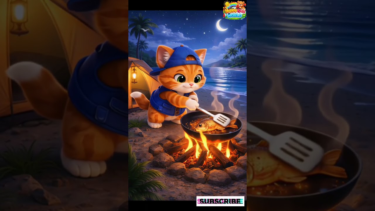 Cute Orange Cat Cooking Fish at Beach Camp 🌙🔥 | Cozy Kids Cartoon