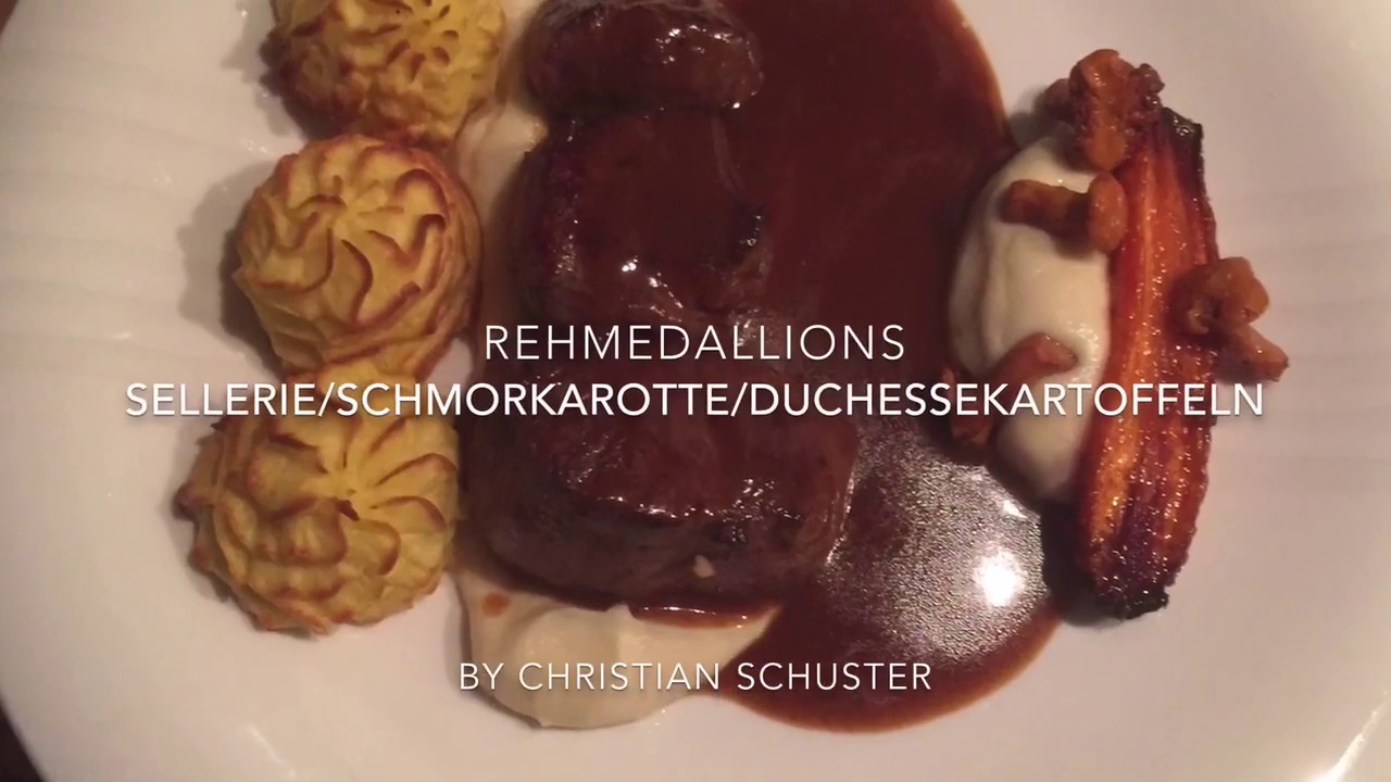 Rehmedallions/Sellerie/Schmorkarotte/Eierschwammerl/Duchesskartoffeln ...