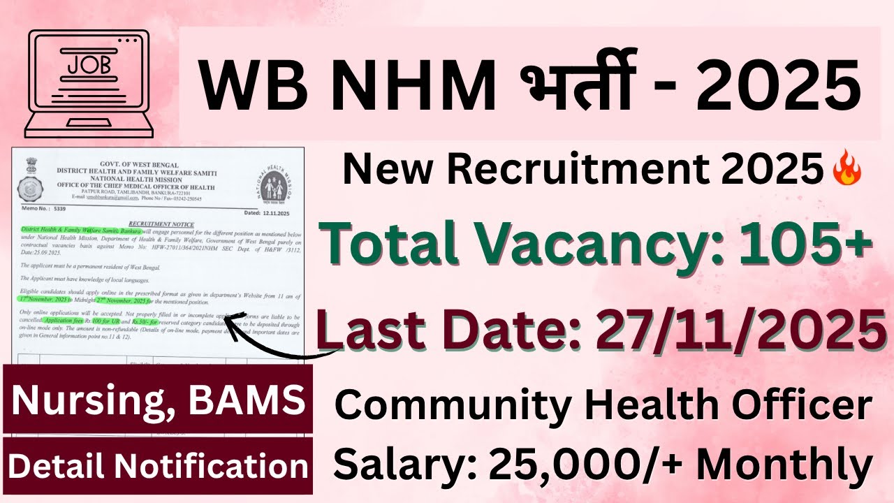 DHFWS Bankura CHO Recruitment 2025 - Apply Online for 105 Posts | WB NHM Nurse Recruitment 2025