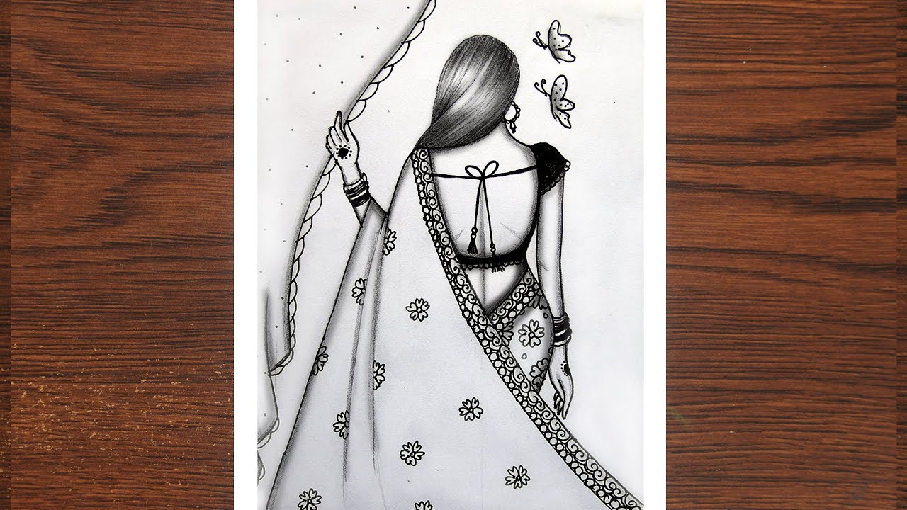 Beautiful Girl in saree drawing for Beginner || Pencil sketch || backside girl drawing easy