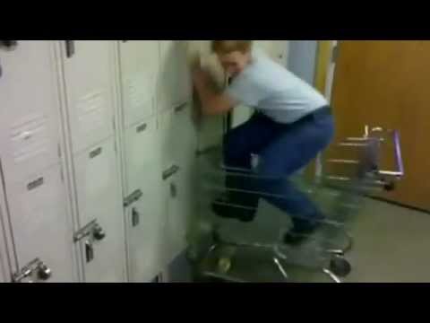 Blonde Girl Rides Trolley Into Lockers