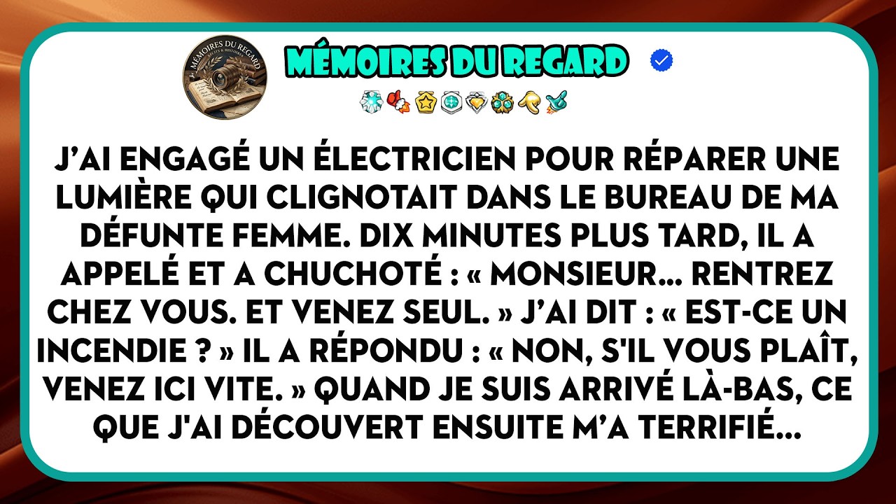 J’ai cru que mon téléphone avait mal sonné. L’électricien que j’avais engagé pour réparer une lumière dans le bureau de ma femme, décédée deux ans plus tôt, m’a appelé en plein rendez-vous. Sa...